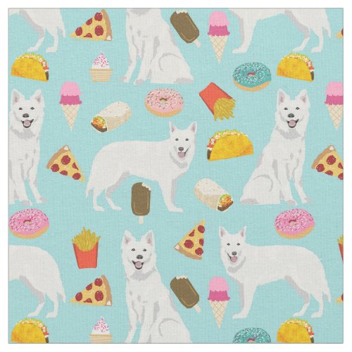 white shepherd dog junk food light blue fabric