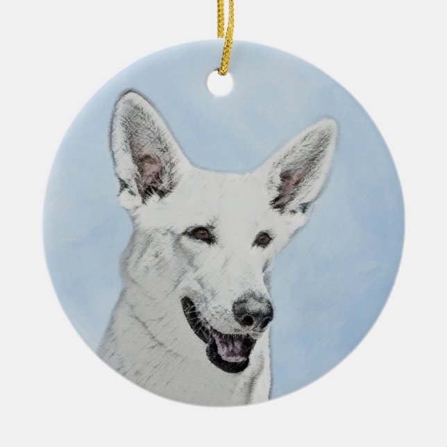 White Shepherd Painting - Cute Original Dog Art Ceramic Ornament (Front)