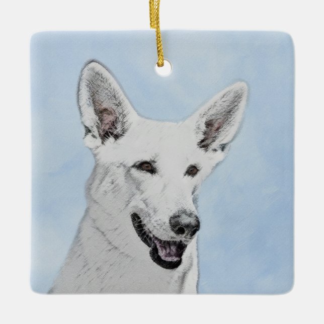 White Shepherd Painting - Cute Original Dog Art Ceramic Ornament (Front)