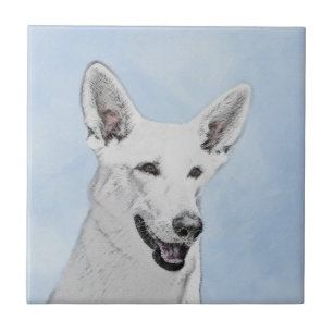 White Shepherd Painting - Cute Original Dog Art Ceramic Tile