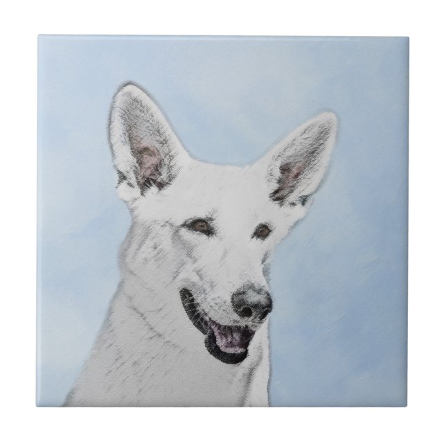White Shepherd Painting - Cute Original Dog Art Ceramic Tile (Front)