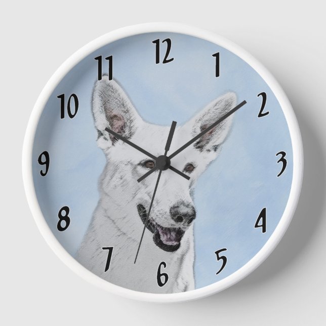White Shepherd Painting - Cute Original Dog Art Clock (Front)