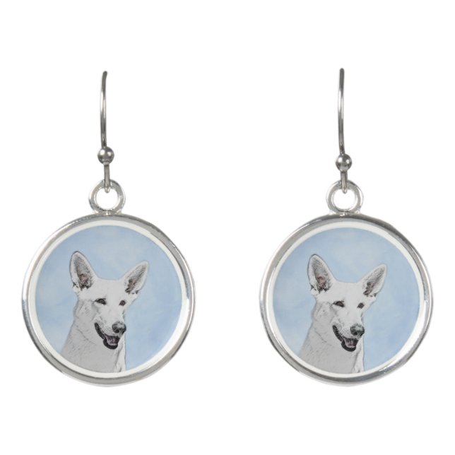 White Shepherd Painting - Cute Original Dog Art Earrings (Front)