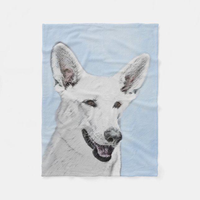 White Shepherd Painting - Cute Original Dog Art Fleece Blanket (Front)