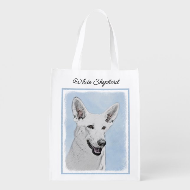 White Shepherd Painting - Cute Original Dog Art Gr Grocery Bag (Back)