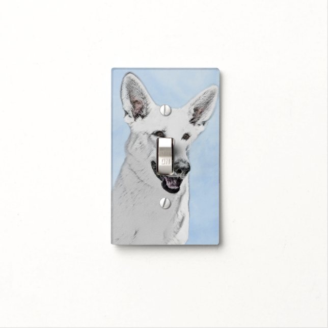 White Shepherd Painting - Cute Original Dog Art Light Switch Cover (In Situ)