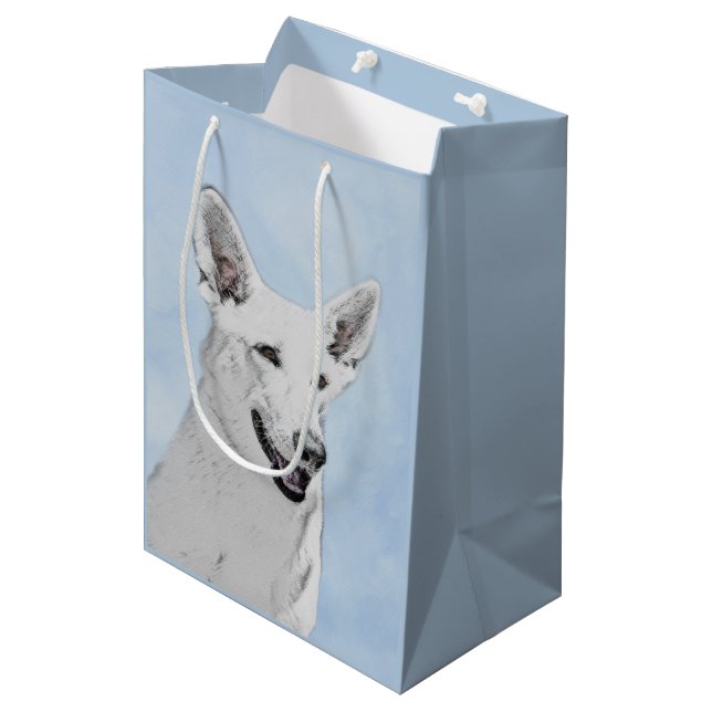 White Shepherd Painting - Cute Original Dog Art Medium Gift Bag (Front Angled)