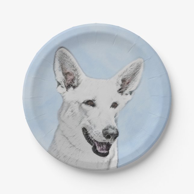 White Shepherd Painting - Cute Original Dog Art Paper Plates (Front)