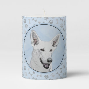 White Shepherd Painting - Cute Original Dog Art Pillar Candle