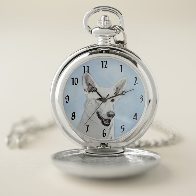 White Shepherd Painting - Cute Original Dog Art Pocket Watch (Inside)