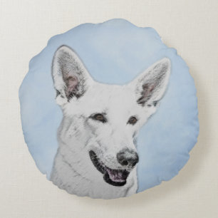 White Shepherd Painting - Cute Original Dog Art Round Pillow