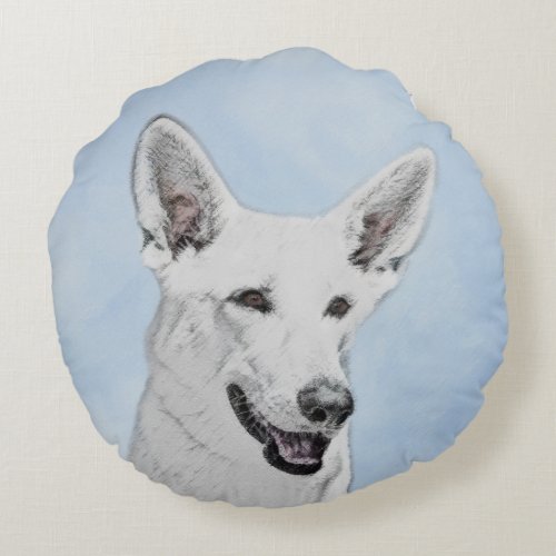 White Shepherd Painting _ Cute Original Dog Art Round Pillow
