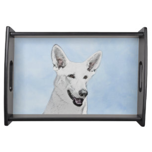 White Shepherd Painting - Cute Original Dog Art Serving Tray