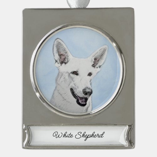 White Shepherd Painting _ Cute Original Dog Art Si Silver Plated Banner Ornament