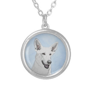 White Shepherd Painting - Cute Original Dog Art Silver Plated Necklace