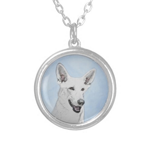 White Shepherd Painting _ Cute Original Dog Art Silver Plated Necklace