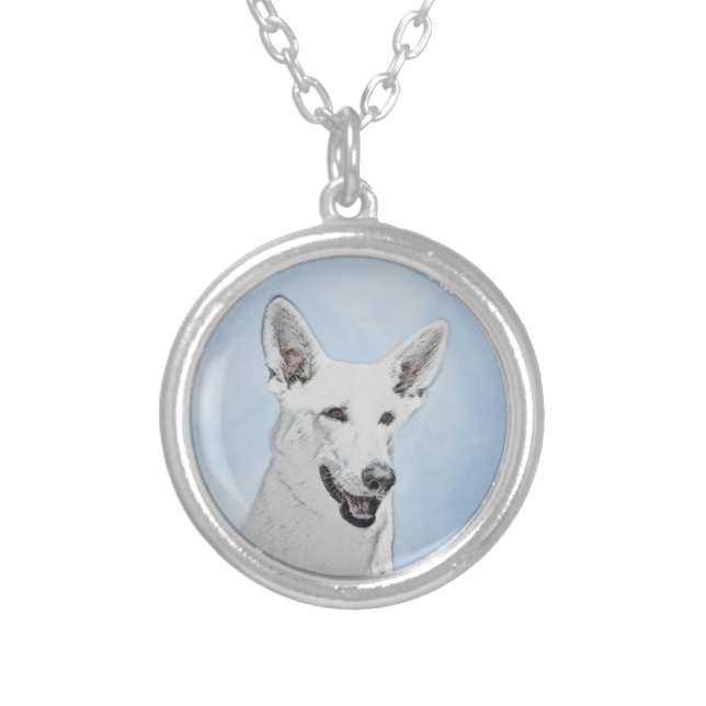 White Shepherd Painting - Cute Original Dog Art Silver Plated Necklace (Front)