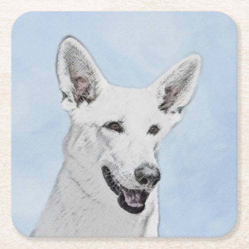 White Shepherd Painting _ Cute Original Dog Art Square Paper Coaster