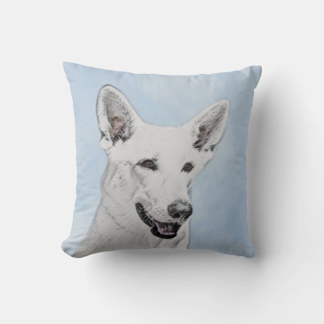 White Shepherd Painting - Cute Original Dog Art Throw Pillow (Front)