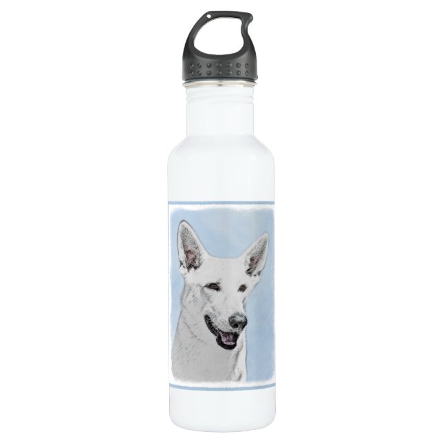 White Shepherd Painting - Cute Original Dog Art Water Bottle (Front)