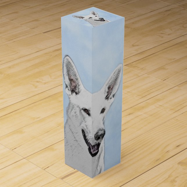 White Shepherd Painting - Cute Original Dog Art Wine Box (Front)