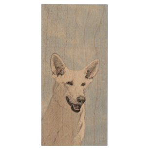 White Shepherd Painting - Cute Original Dog Art Wood Flash Drive