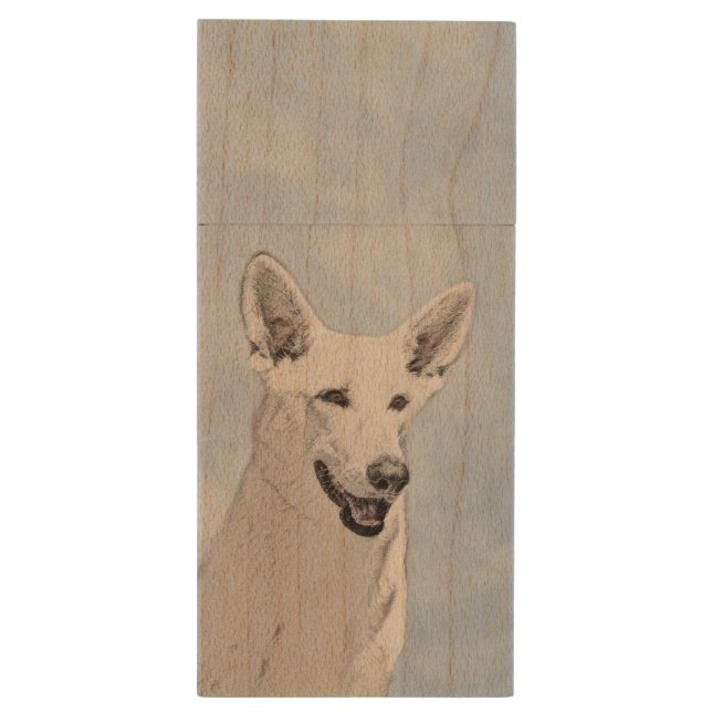 White Shepherd Painting - Cute Original Dog Art Wood Flash Drive (Back (Vertical))