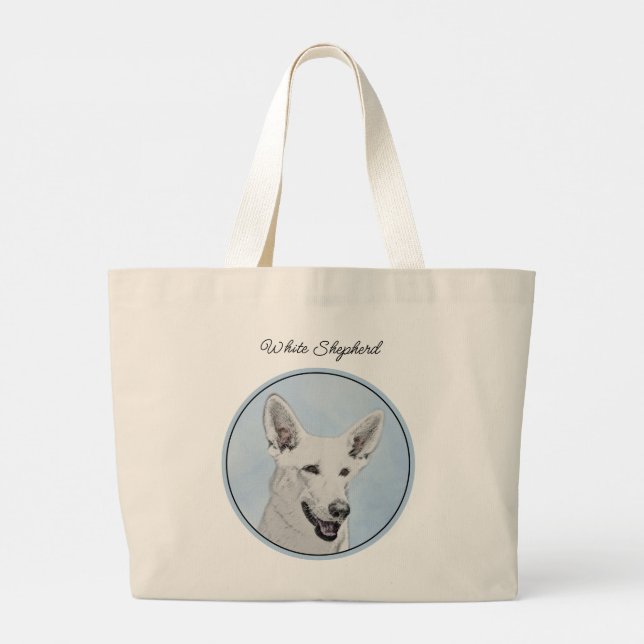 White Shepherd Painting Cute Original Pet Dog Art Large Tote Bag (Back)