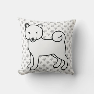 White Shiba Inu Cartoon Dog & Paws Throw Pillow