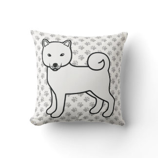 White Shiba Inu Cartoon Dog &amp; Paws Throw Pillow