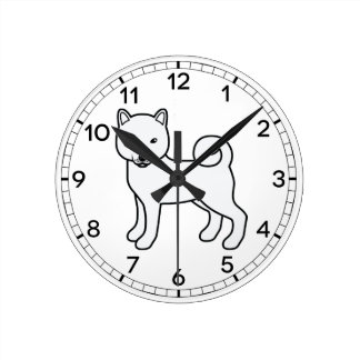 White Shiba Inu Cute Cartoon Dog Illustration Round Clock