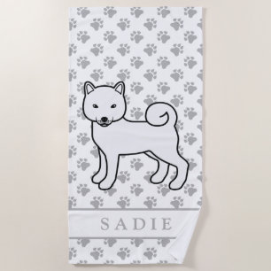 White Shiba Inu Cute Cartoon Dog & Name Beach Towel