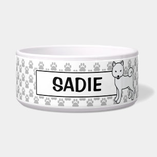 White Shiba Inu Cute Dog With Pet's Name Bowl