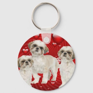 White Shih Tzu Puppies with Hearts Keychain