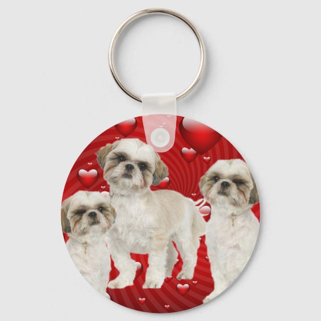 White Shih Tzu Puppies with Hearts Keychain (Front)