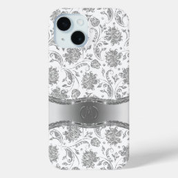 White &amp; Shiny Silver Look Floral Damasks iPhone 15 Case