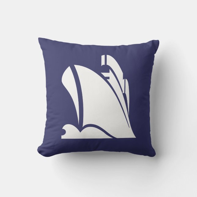 white ship  on navy blue pillow (Front)