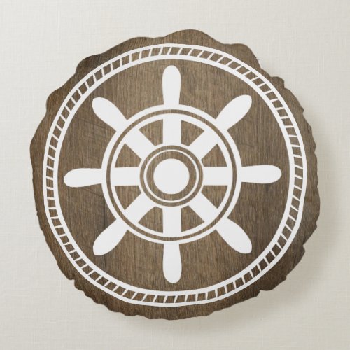 White Ship Wheel Nautical Wood Grain Round Pillow