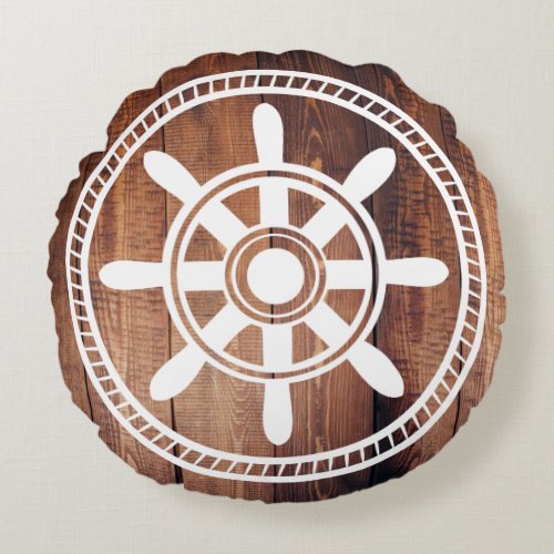 White Ship Wheel Nautical Wood Planks Round Pillow