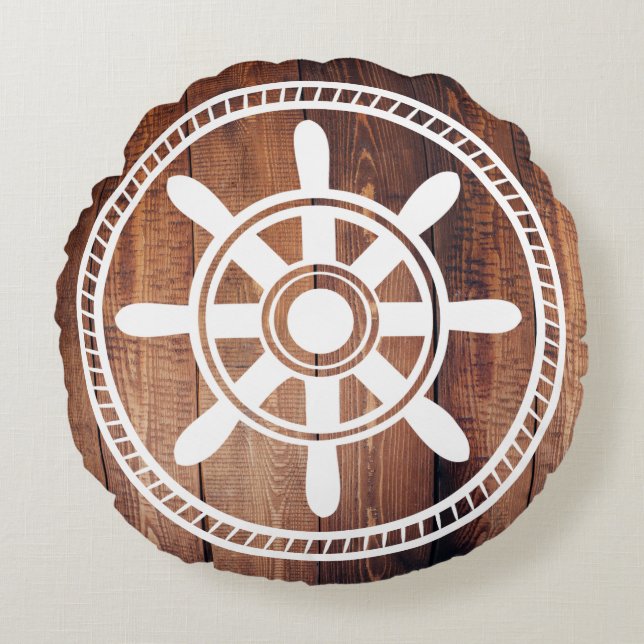 White Ship Wheel Nautical Wood Planks Round Pillow (Front)