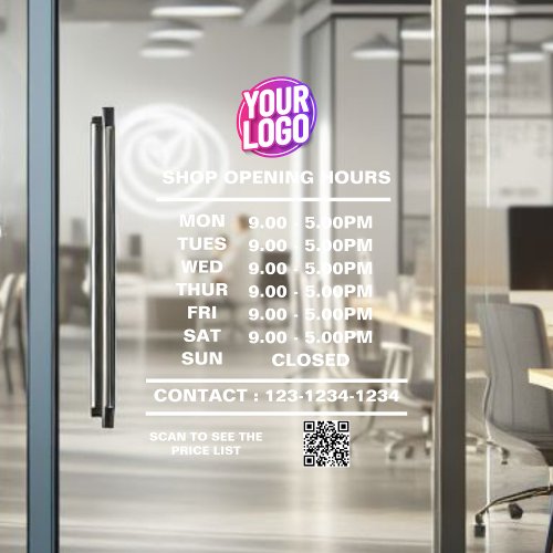 White Shop Opening Hours with Logo and QR Code Window Cling
