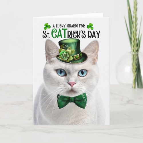 White Short Haired Cat St CATricks Day Holiday Card