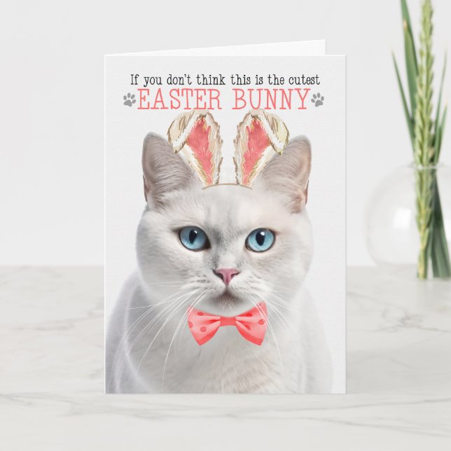White Shorthair Cat Cutest Easter Bunny Kitty Puns Holiday Card (Front)