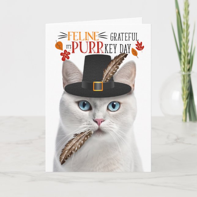 White Shorthair Cat Grateful for PURRkey Day Holiday Card (Front)