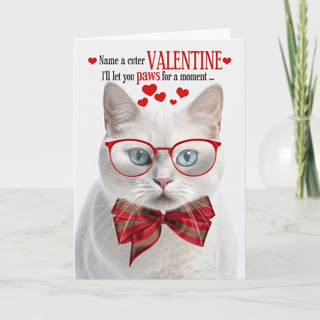 White Shorthair Cat Lover Valentine Feline Humor Holiday Card (Front)