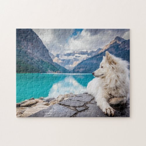 White Siberian Husky Canada  Lake Jigsaw Puzzle