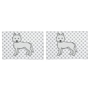 White Siberian Husky Cartoon Dog And Paws Pillow Case