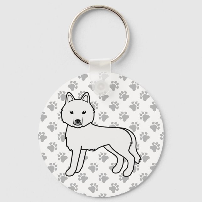White Siberian Husky Cartoon Dog & Paws Keychain (Front)