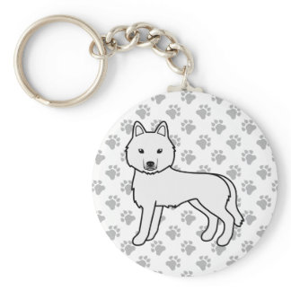 White Siberian Husky Cartoon Dog &amp; Paws Keychain