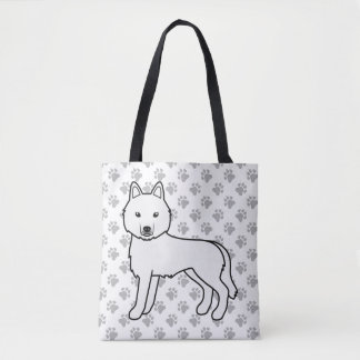 White Siberian Husky Cartoon Dog &amp; Paws Tote Bag